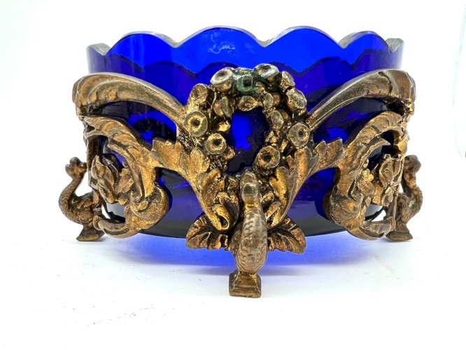 Coupe verre bleu cobalt et bronze doré XIXe style Louis XV Rococo antique