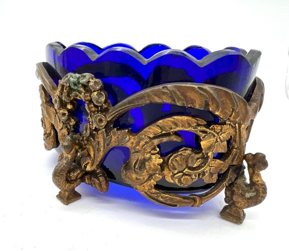 Coupe verre bleu cobalt et bronze doré XIXe style Louis XV Rococo antique