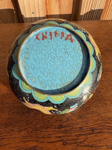Coupelle cloisonnée chinoise dragon impérial 1930-50 cuivre émaillé + socle