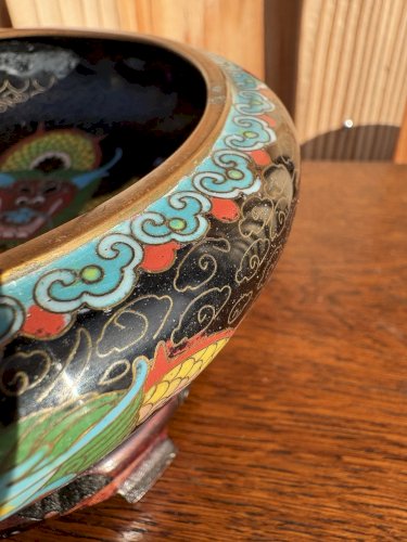 Coupelle cloisonnée chinoise dragon impérial 1930-50 cuivre émaillé + socle