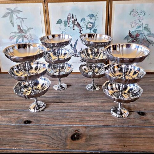 Coupes à glaces hautes vintage en inox, forme de fleur (lot de 12)