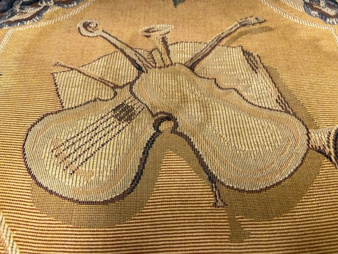 Coussin tapisserie instruments musique 45cm déhoussable vintage