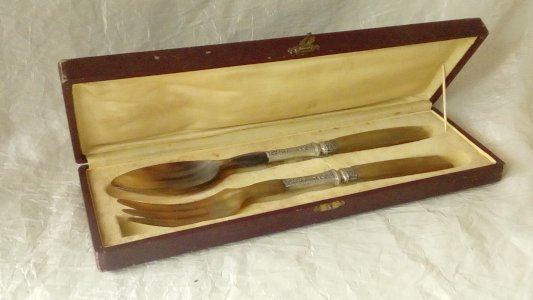 SILVER PLATED SALAD SERVERS WITH HORN ART NOUVEAU STYLE LATE 19TH CENTURY