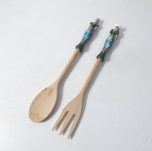 couverts à salade vintage en bois tourné peint main folk art artisanal