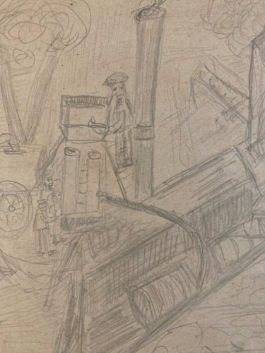 Crayon Sur Papier 1944 Jeanne Kosnick Kloss Art Brut Fermé Paysan Tracteur