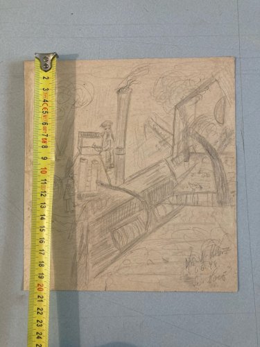 Crayon Sur Papier 1944 Jeanne Kosnick Kloss Art Brut Fermé Paysan Tracteur