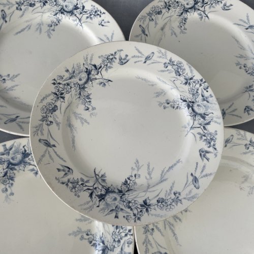 CREIL ET MONTEREAU lot 5 assiettes terre de fer décor LINOTTE ~22.8cm