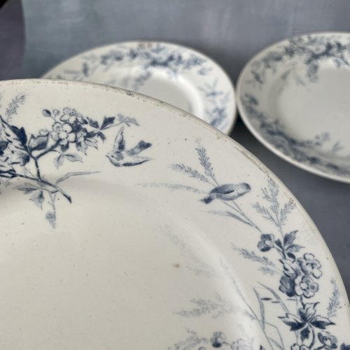 CREIL ET MONTEREAU lot 5 assiettes terre de fer décor LINOTTE ~22.8cm