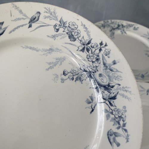 CREIL ET MONTEREAU lot 5 assiettes terre de fer décor LINOTTE ~22.8cm