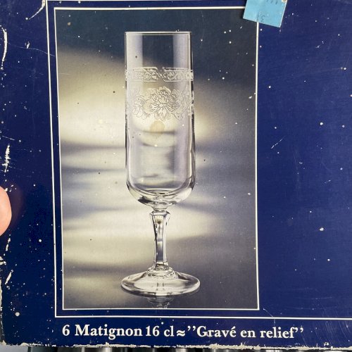 CRISTAL D'ARQUES boite 6 verres flute à champagne MATIGNON gravé en relief ~16cl
