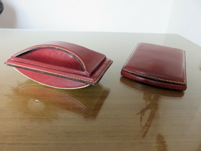 CUIR PIQUE SELLIER, TAMPON BUVARD ET PORTE BLOC NOTES ANNEES 50 60 VINTAGE