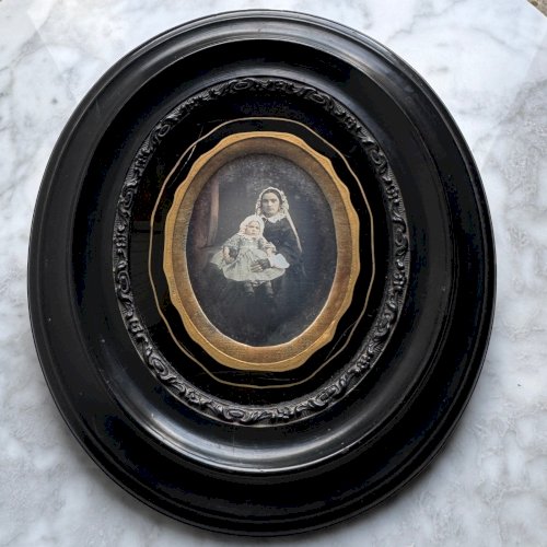 Daguerréotype ambrotype en couleur d'une femme et son enfant XIXe A5722