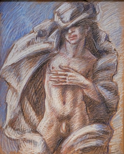 Damien HERMELLIN  : pastel, nu masculin au drapé