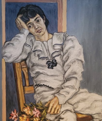 Damien HERMELLIN  : Homme pensif au bouquet de fleurs