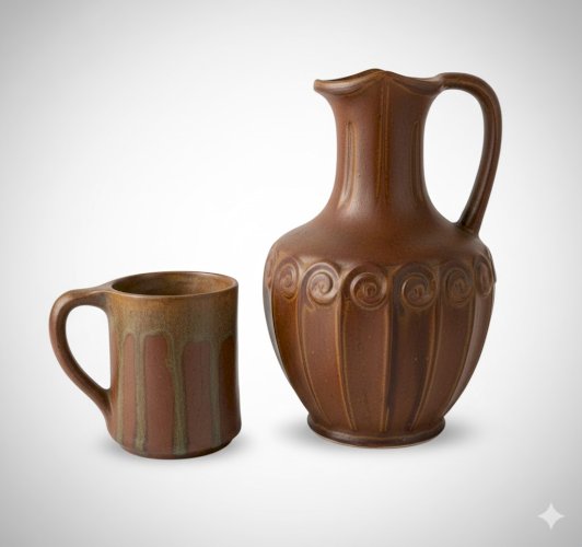 Denbac, carafe en céramique ancienne et mugs Art Nouveau, vers 1900.