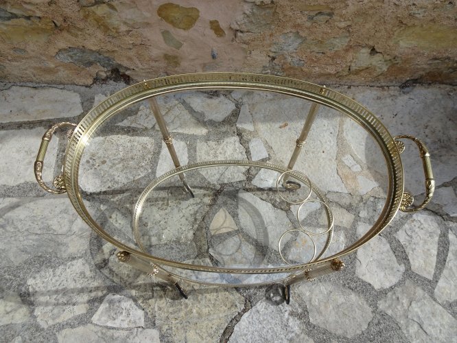 Desserte roulante en verre et laiton doré, Maison Baguès, années 40 