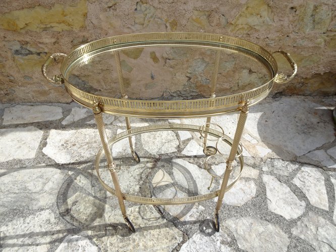 Desserte roulante en verre et laiton doré, Maison Baguès, années 40 