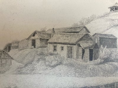 Dessin 1850 XIXe Crayon Maison Toit De Chaume Suisse? Montagne Ancien