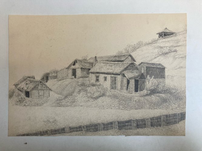 Dessin 1850 XIXe Crayon Maison Toit De Chaume Suisse? Montagne Ancien