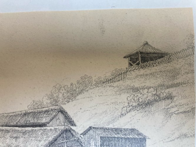 Dessin 1850 XIXe Crayon Maison Toit De Chaume Suisse? Montagne Ancien