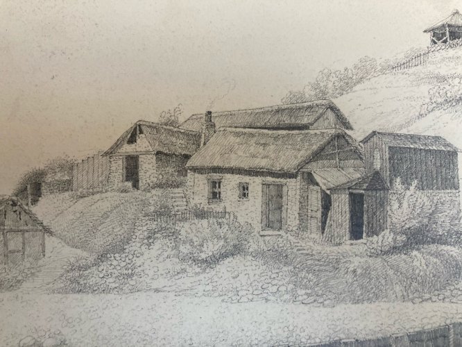 Dessin 1850 XIXe Crayon Maison Toit De Chaume Suisse? Montagne Ancien