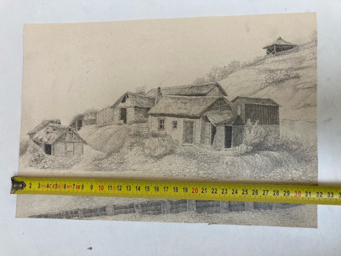 Dessin 1850 XIXe Crayon Maison Toit De Chaume Suisse? Montagne Ancien