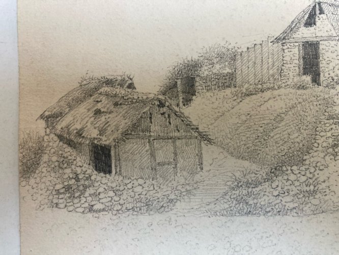 Dessin 1850 XIXe Crayon Maison Toit De Chaume Suisse? Montagne Ancien
