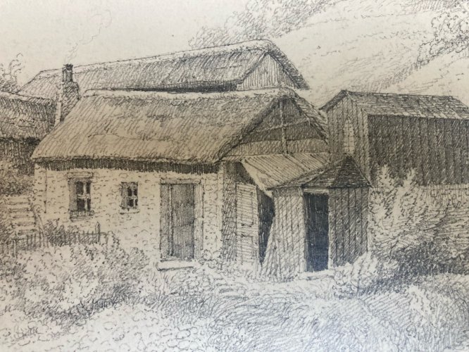 Dessin 1850 XIXe Crayon Maison Toit De Chaume Suisse? Montagne Ancien