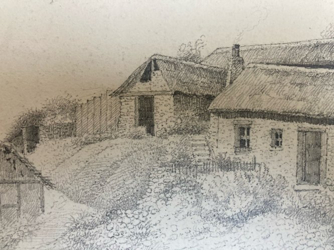 Dessin 1850 XIXe Crayon Maison Toit De Chaume Suisse? Montagne Ancien