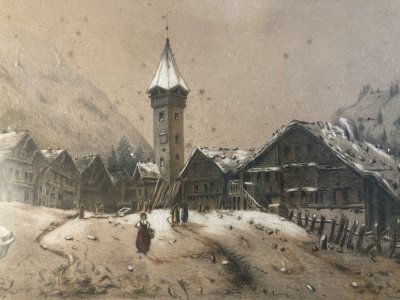 Dessin 1850 XIXe Peinture Papier Paysage Fusain A Identifier Village Église