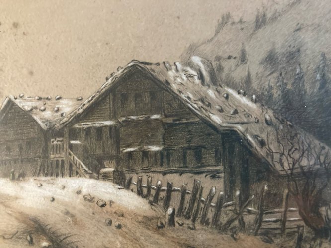 Dessin 1850 XIXe Peinture Papier Paysage Fusain A Identifier Village Église