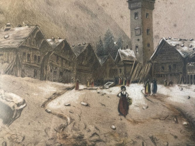 Dessin 1850 XIXe Peinture Papier Paysage Fusain A Identifier Village Église