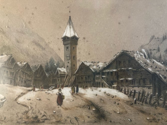 Dessin 1850 XIXe Peinture Papier Paysage Fusain A Identifier Village Église