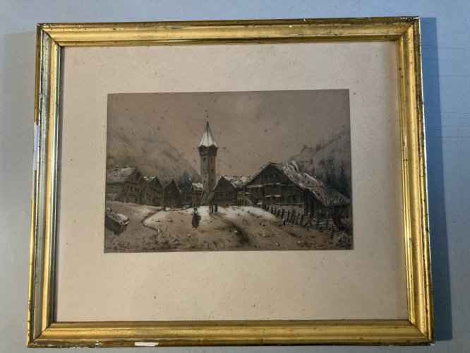 Dessin 1850 XIXe Peinture Papier Paysage Fusain A Identifier Village Église