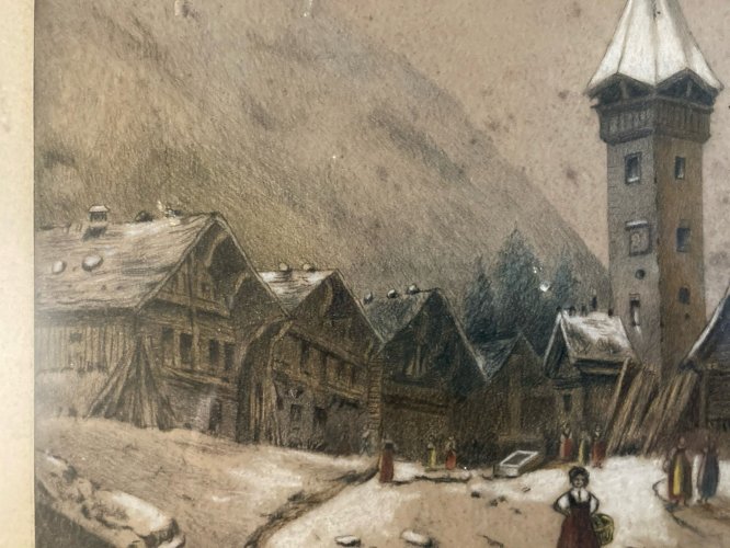 Dessin 1850 XIXe Peinture Papier Paysage Fusain A Identifier Village Église