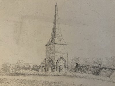 Drawing 1865 pencil Landscape Saint Valery Sur Somme Bell Tower Art St Léger Hamlet