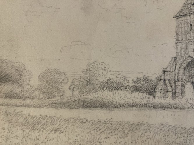 Dessin 1865 crayon Paysage Saint Valery Sur Somme Clocher Art St Léger Hameau