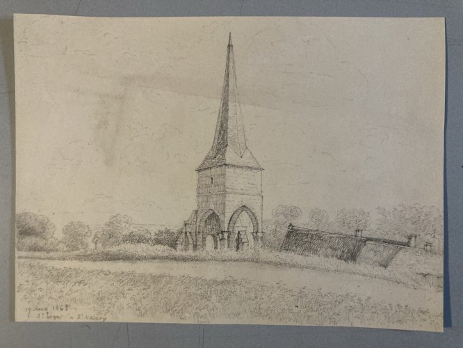 Dessin 1865 crayon Paysage Saint Valery Sur Somme Clocher Art St Léger Hameau