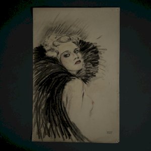 Drawing 1900 Art Nouveau young elegant in evening attire monogram A5560