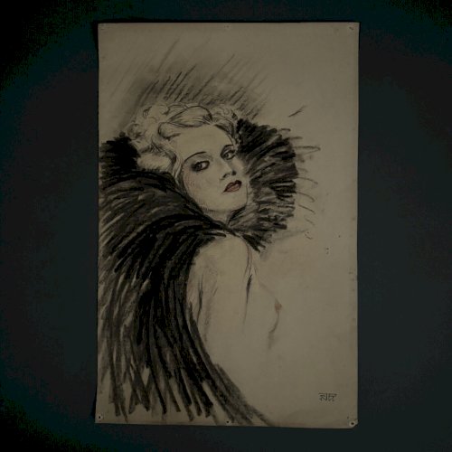 Dessin 1900 Art Nouveau jeune élégante en tenue de soirée monogramme A5560