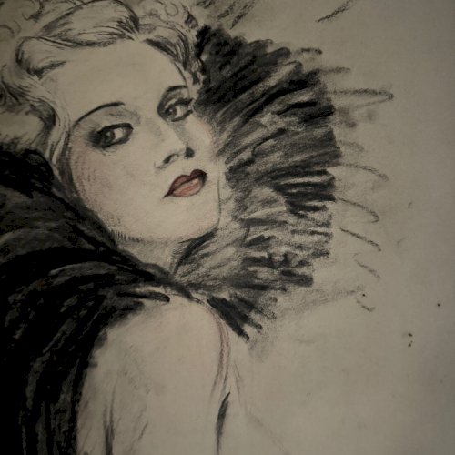 Dessin 1900 Art Nouveau jeune élégante en tenue de soirée monogramme A5560