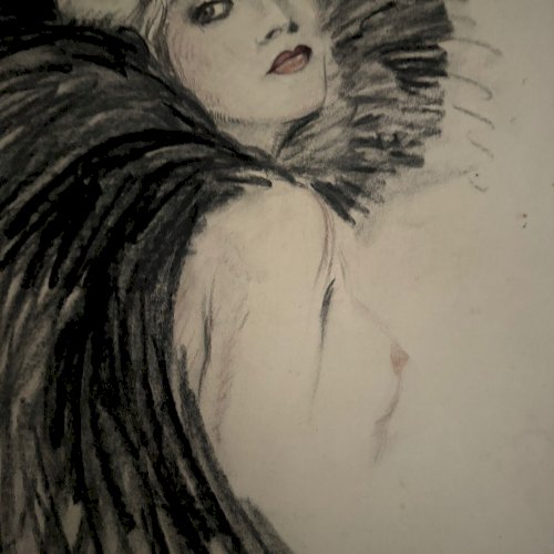 Dessin 1900 Art Nouveau jeune élégante en tenue de soirée monogramme A5560