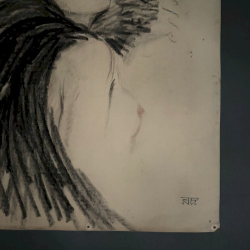 Dessin 1900 Art Nouveau jeune élégante en tenue de soirée monogramme A5560