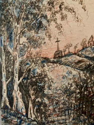 Dessin 1900 Encre A Identifier Paysage Calvaire Religion Ancien Arbre Art