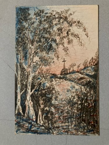 Dessin 1900 Encre A Identifier Paysage Calvaire Religion Ancien Arbre Art