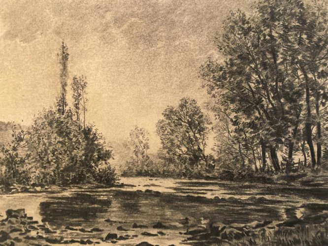 Dessin 1900 Peinture Papier Paysage Fusain Forêt A Identifier Art Riviere