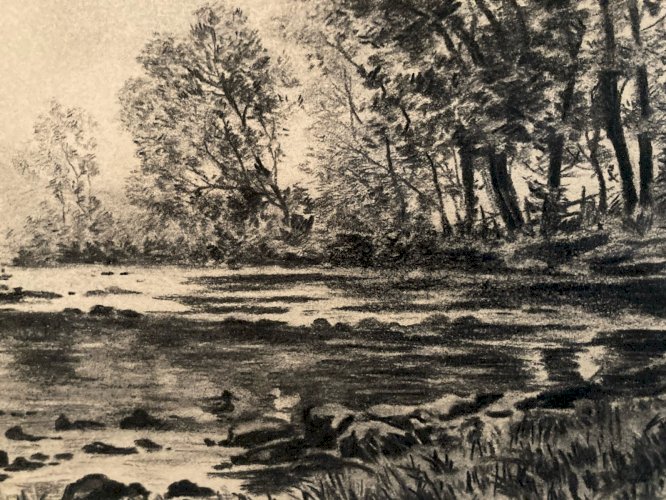Dessin 1900 Peinture Papier Paysage Fusain Forêt A Identifier Art Riviere