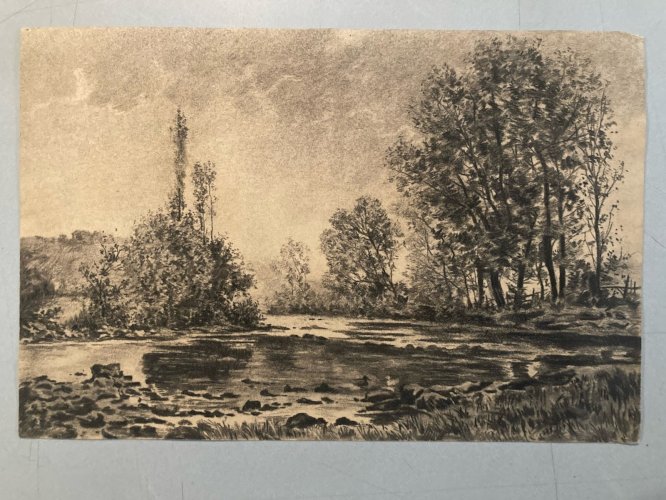 Dessin 1900 Peinture Papier Paysage Fusain Forêt A Identifier Art Riviere