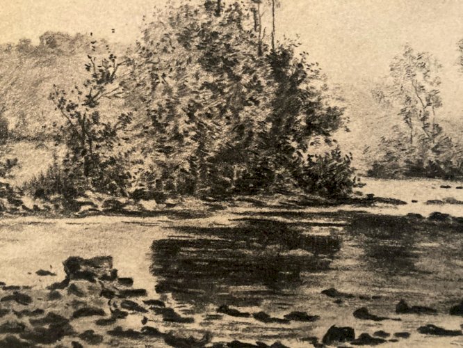 Dessin 1900 Peinture Papier Paysage Fusain Forêt A Identifier Art Riviere