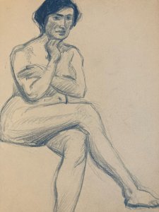Dessin 1910 Nu Académique Mine De Plomb Bleu Art ancien Femme crayon Portrait